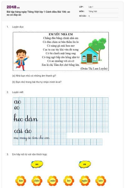 Bài tập hàng ngày Tiếng Việt lớp 1 Cánh diều Bài 106: ao eo có đáp án