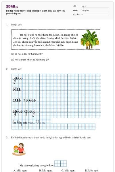 Bài tập hàng ngày Tiếng Việt lớp 1 Cánh diều Bài 109: iêu yêu có đáp án