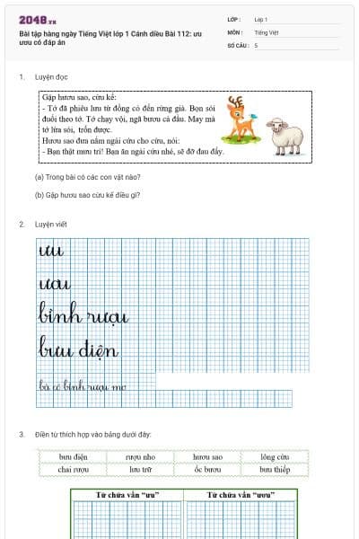 Bài tập hàng ngày Tiếng Việt lớp 1 Cánh diều Bài 112: ưu ươu có đáp án