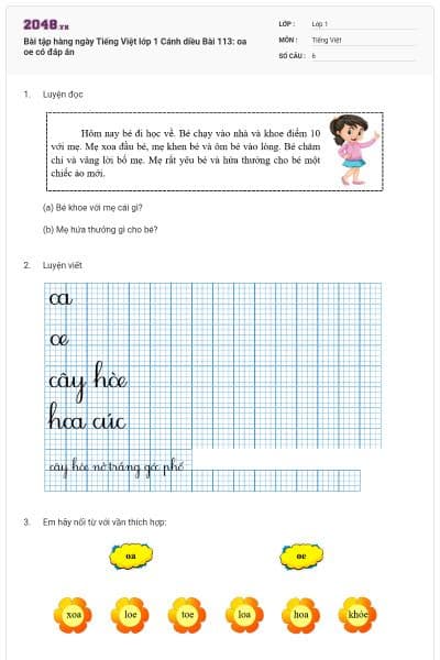 Bài tập hàng ngày Tiếng Việt lớp 1 Cánh diều Bài 113: oa oe có đáp án