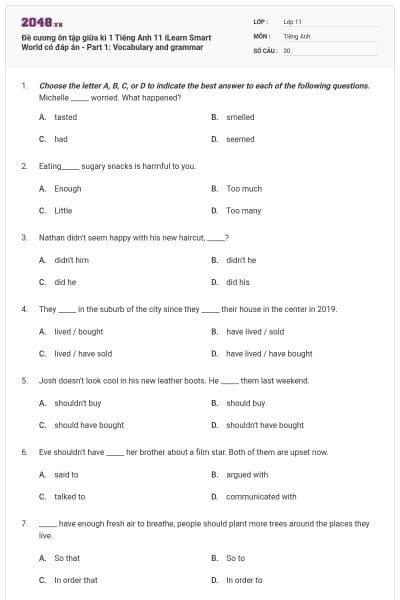 Đề cương ôn tập giữa kì 1 Tiếng Anh 11 iLearn Smart World có đáp án -  Part 1: Vocabulary and grammar