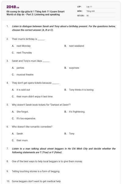 Đề cương ôn tập giữa kì 1 Tiếng Anh 11 iLearn Smart World có đáp án -  Part 3: Listening and speaking