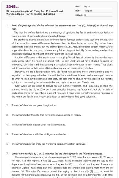 Đề cương ôn tập giữa kì 1 Tiếng Anh 11 iLearn Smart World có đáp án -  Part 4: Reading and writing