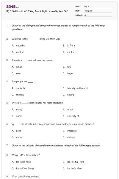 Bộ 5 đề thi cuối kì 1 Tiếng Anh 6 Right on có đáp án - Đề 1