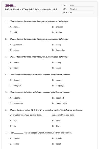 Bộ 5 đề thi cuối kì 1 Tiếng Anh 6 Right on có đáp án - Đề 2