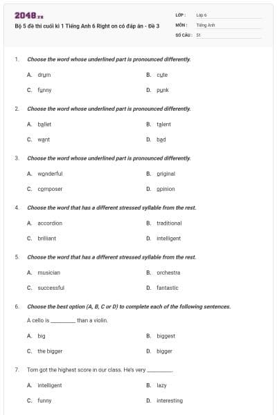 Bộ 5 đề thi cuối kì 1 Tiếng Anh 6 Right on có đáp án - Đề 3
