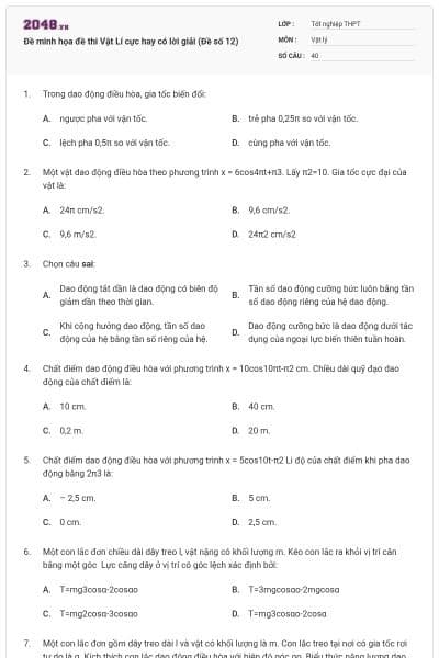 Đề minh họa đề thi Vật Lí cực hay có lời giải (Đề số 12)