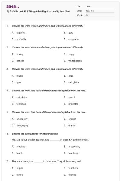 Bộ 5 đề thi cuối kì 1 Tiếng Anh 6 Right on có đáp án - Đề 4