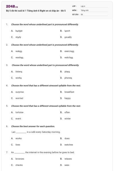 Bộ 5 đề thi cuối kì 1 Tiếng Anh 6 Right on có đáp án - Đề 5