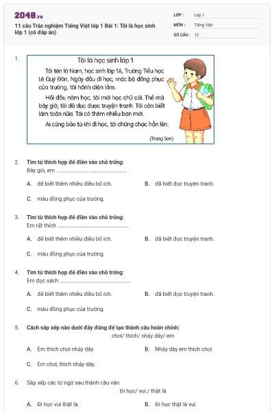 11 câu Trắc nghiệm Tiếng Việt lớp 1 Bài 1: Tôi là học sinh lớp 1 (có đáp án)