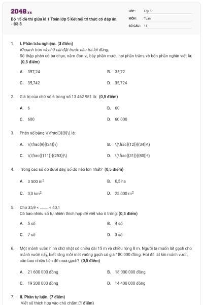 Bộ 15 đề thi giữa kì 1 Toán lớp 5 Kết nối tri thức có đáp án - Đề 8