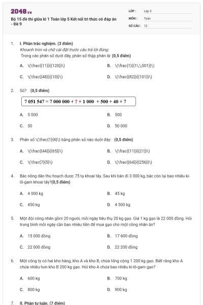 Bộ 15 đề thi giữa kì 1 Toán lớp 5 Kết nối tri thức có đáp án - Đề 9