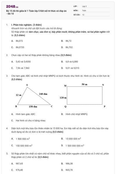 Bộ 15 đề thi giữa kì 1 Toán lớp 5 Kết nối tri thức có đáp án - Đề 10