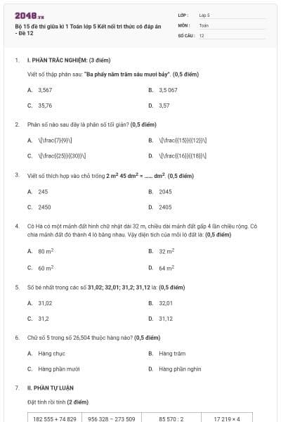 Bộ 15 đề thi giữa kì 1 Toán lớp 5 Kết nối tri thức có đáp án - Đề 12