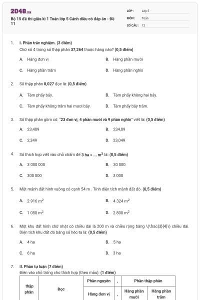 Bộ 15 đề thi giữa kì 1 Toán lớp 5 Cánh diều có đáp án - Đề 11