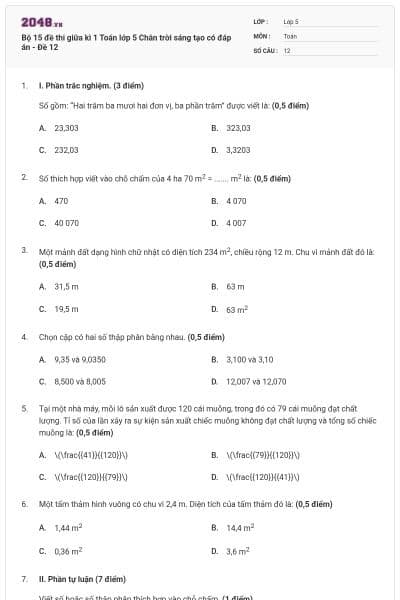 Bộ 15 đề thi giữa kì 1 Toán lớp 5 Chân trời sáng tạo có đáp án - Đề 12