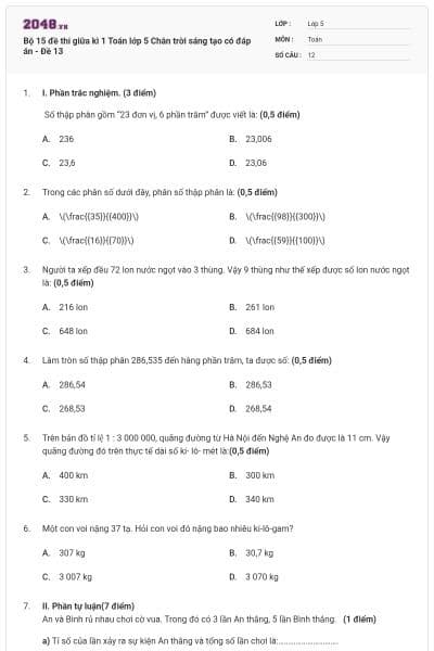 Bộ 15 đề thi giữa kì 1 Toán lớp 5 Chân trời sáng tạo có đáp án - Đề 13
