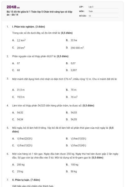 Bộ 15 đề thi giữa kì 1 Toán lớp 5 Chân trời sáng tạo có đáp án - Đề 14