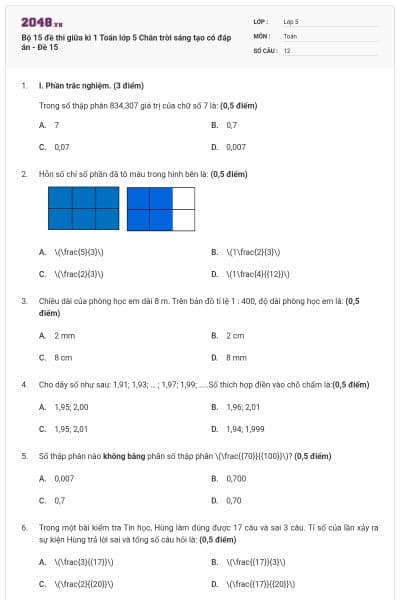 Bộ 15 đề thi giữa kì 1 Toán lớp 5 Chân trời sáng tạo có đáp án - Đề 15