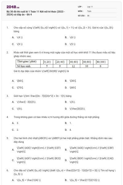 Bộ 30 đề thi cuối kì 1 Toán 11 Kết nối tri thức (2023 - 2024) có đáp án - Đề 4