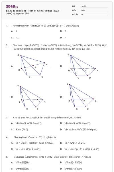 Bộ 30 đề thi cuối kì 1 Toán 11 Kết nối tri thức (2023 - 2024) có đáp án - Đề 5