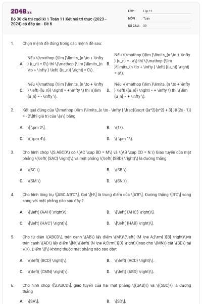 Bộ 30 đề thi cuối kì 1 Toán 11 Kết nối tri thức (2023 - 2024) có đáp án - Đề 6
