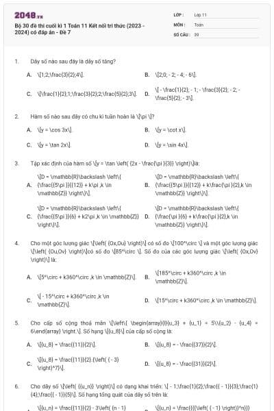 Bộ 30 đề thi cuối kì 1 Toán 11 Kết nối tri thức (2023 - 2024) có đáp án - Đề 7