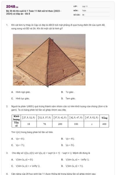 Bộ 30 đề thi cuối kì 1 Toán 11 Kết nối tri thức (2023 - 2024) có đáp án - Đề 8