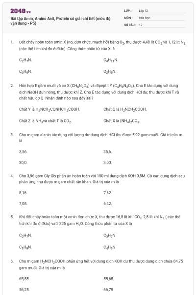 Bài tập Amin, Amino Axit, Protein có giải chi tiết (mức độ vận dụng - P5)