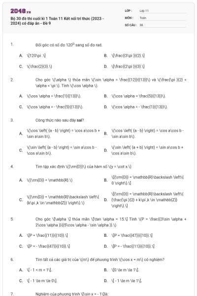 Bộ 30 đề thi cuối kì 1 Toán 11 Kết nối tri thức (2023 - 2024) có đáp án - Đề 9