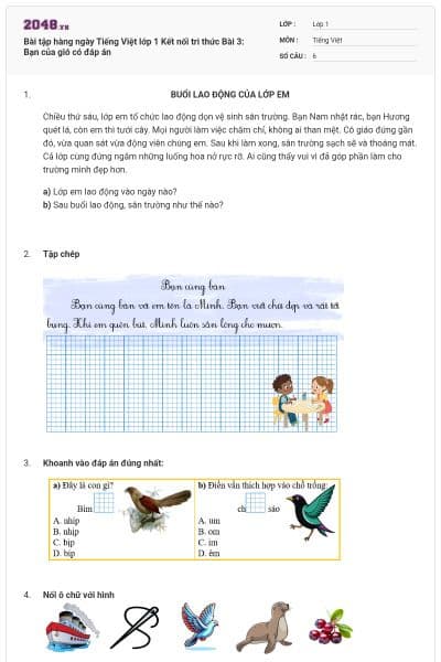 Bài tập hàng ngày Tiếng Việt lớp 1 Kết nối tri thức Bài 3: Bạn của gió có đáp án