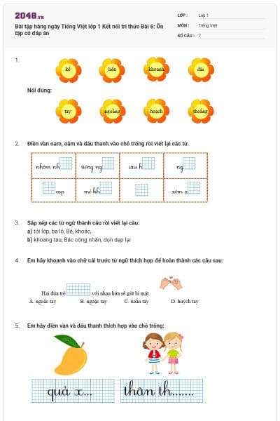 Bài tập hàng ngày Tiếng Việt lớp 1 Kết nối tri thức Bài 6: Ôn tập có đáp án