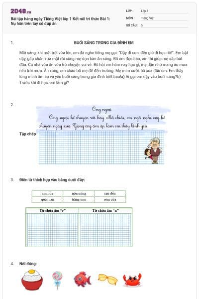 Bài tập hàng ngày Tiếng Việt lớp 1 Kết nối tri thức Bài 1: Nụ hôn trên tay có đáp án