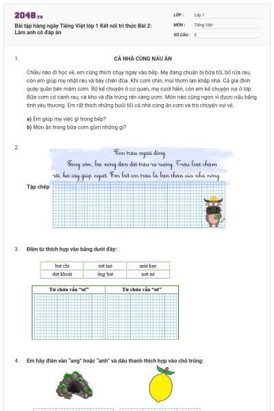 Bài tập hàng ngày Tiếng Việt lớp 1 Kết nối tri thức Bài 2: Làm anh có đáp án