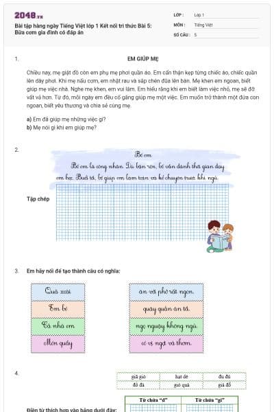 Bài tập hàng ngày Tiếng Việt lớp 1 Kết nối tri thức Bài 5: Bữa cơm gia đình có đáp án