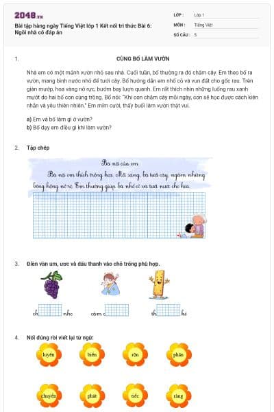 Bài tập hàng ngày Tiếng Việt lớp 1 Kết nối tri thức Bài 6: Ngôi nhà có đáp án