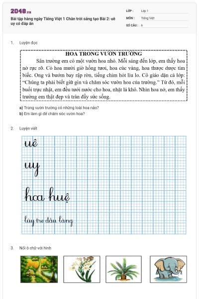 Bài tập hàng ngày Tiếng Việt 1 Chân trời sáng tạo Bài 2: uê uy có đáp án