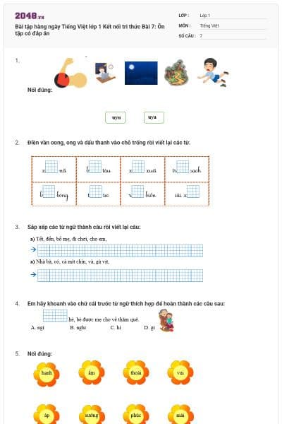 Bài tập hàng ngày Tiếng Việt lớp 1 Kết nối tri thức Bài 7: Ôn tập có đáp án