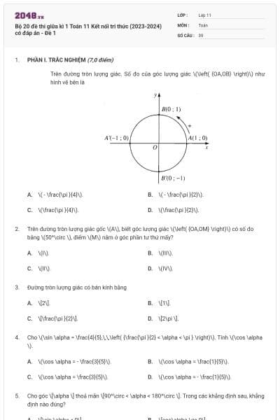 Bộ 20 đề thi giữa kì 1 Toán 11 Kết nối tri thức (2023-2024) có đáp án - Đề 1