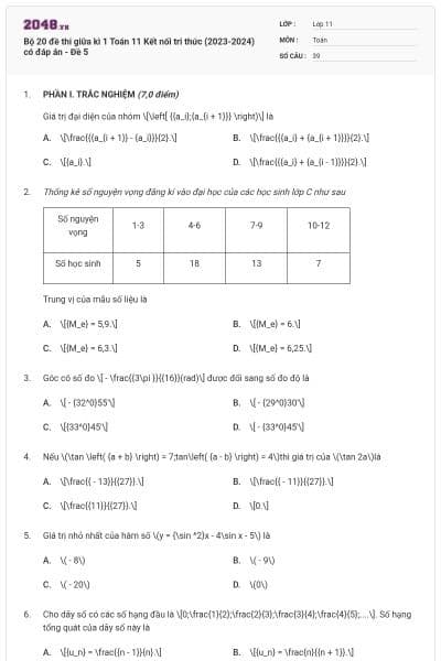 Bộ 20 đề thi giữa kì 1 Toán 11 Kết nối tri thức (2023-2024) có đáp án - Đề 5