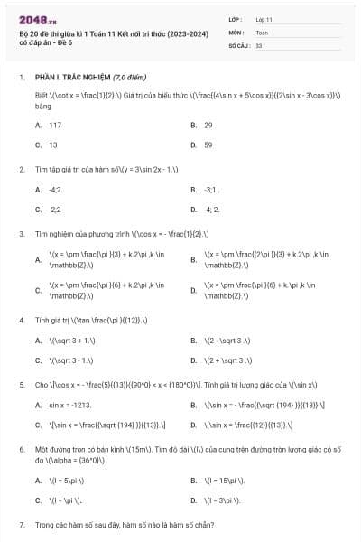 Bộ 20 đề thi giữa kì 1 Toán 11 Kết nối tri thức (2023-2024) có đáp án - Đề 6