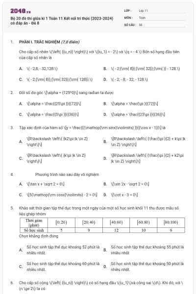 Bộ 20 đề thi giữa kì 1 Toán 11 Kết nối tri thức (2023-2024) có đáp án - Đề 8