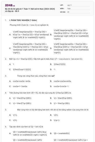 Bộ 20 đề thi giữa kì 1 Toán 11 Kết nối tri thức (2023-2024) có đáp án - Đề 9