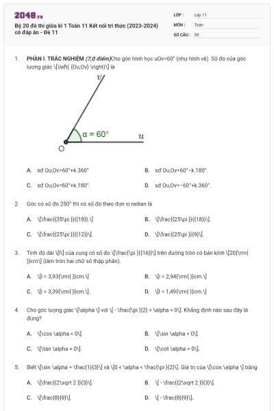 Bộ 20 đề thi giữa kì 1 Toán 11 Kết nối tri thức (2023-2024) có đáp án - Đề 11