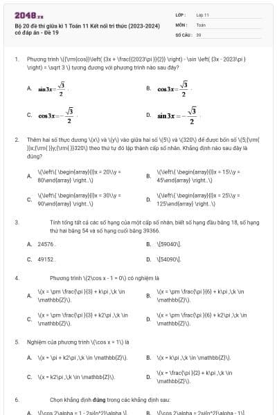 Bộ 20 đề thi giữa kì 1 Toán 11 Kết nối tri thức (2023-2024) có đáp án - Đề 19