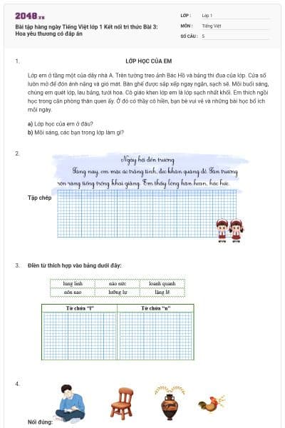 Bài tập hàng ngày Tiếng Việt lớp 1 Kết nối tri thức Bài 3: Hoa yêu thương có đáp án