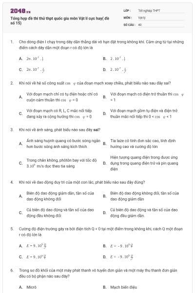 Tổng hợp đề thi thử thpt quốc gia môn Vật lí cực hay( đề số 15)