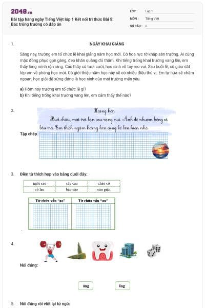 Bài tập hàng ngày Tiếng Việt lớp 1 Kết nối tri thức Bài 5: Bác trống trường có đáp án