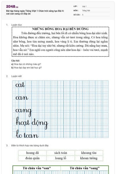 Bài tập hàng ngày Tiếng Việt 1 Chân trời sáng tạo Bài 4: oat oan oang có đáp án