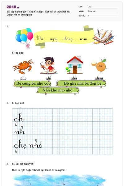 Bài tập hàng ngày Tiếng Việt lớp 1 Kết nối tri thức Bài 18: Gh gh Nh nh có đáp án
